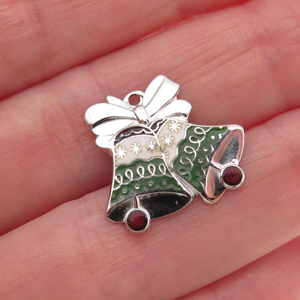 BEAU 925 Sterling Silver Vintage Enamel Christmas Bell Mini Charm Pendant